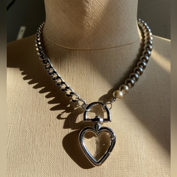 Steel and Pearl Heart Necklace - Picture 2 of 2
